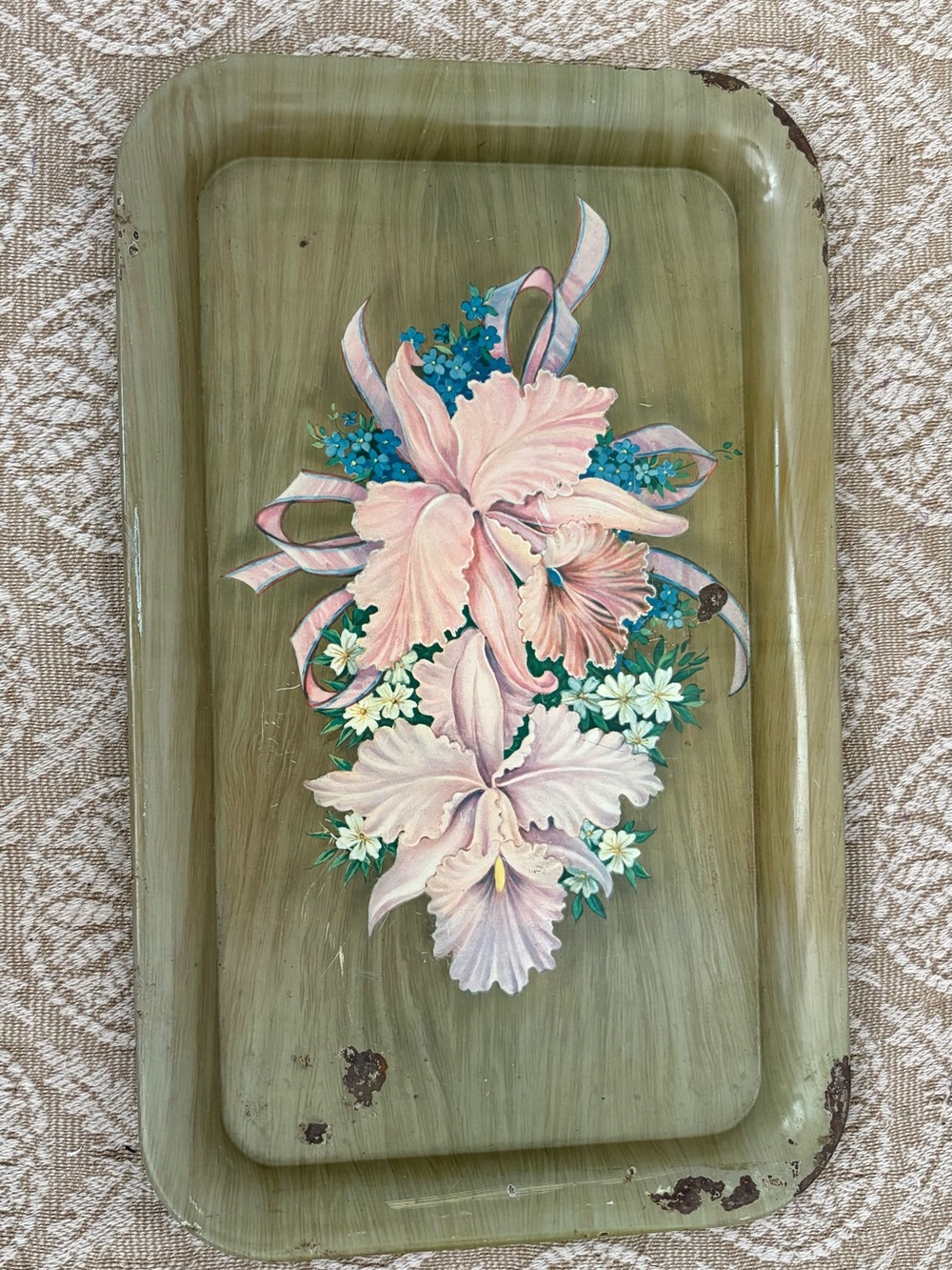 Hand-Painted Floral Metal Tray in Olive Green with Pink Orchids